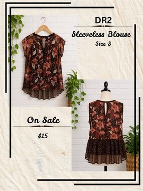 DR2 Floral Sheer Sleeveless Blouse in Rust and Brown